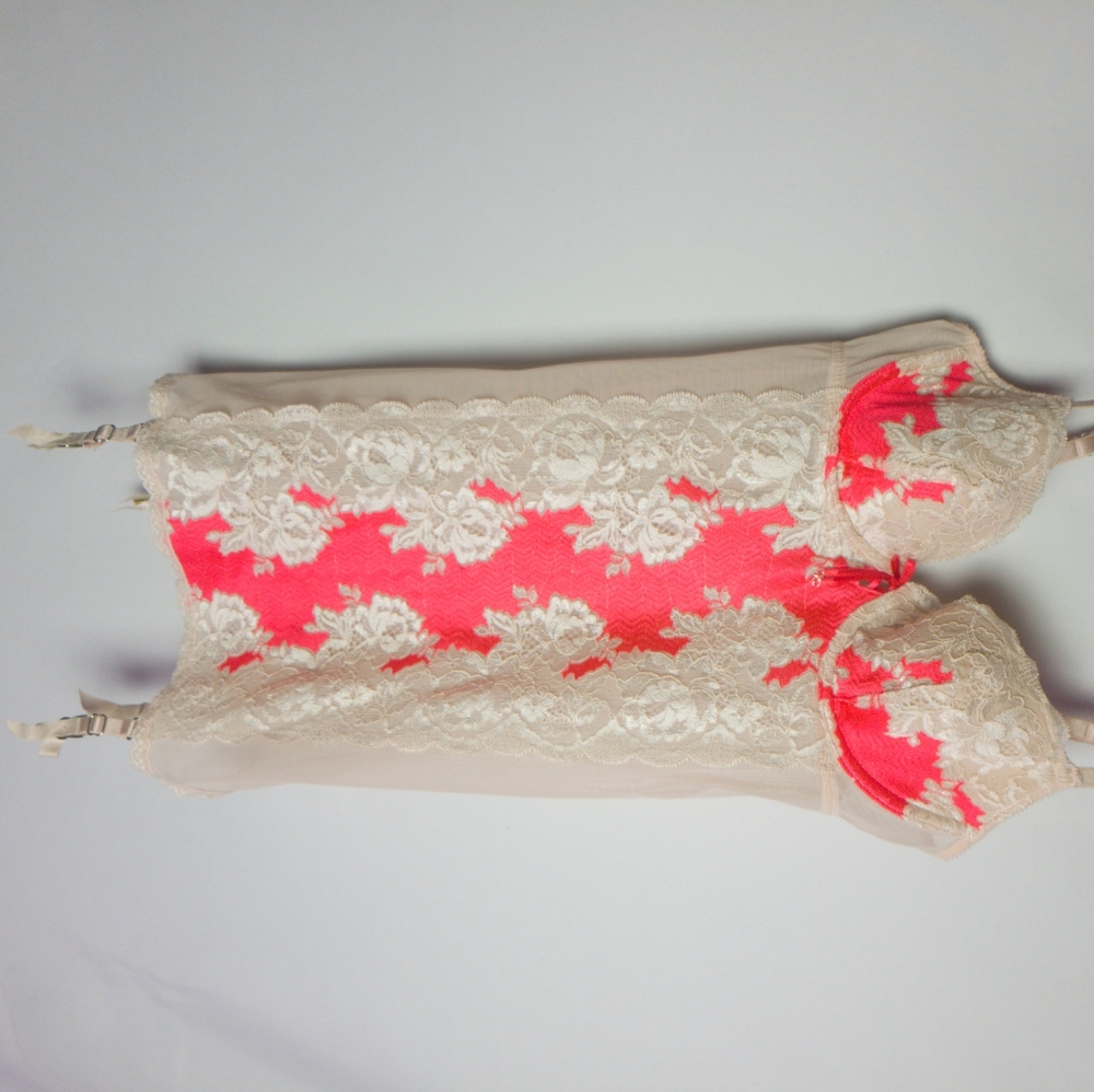 Victoria's Secret, Chemises 34B, Coral with Soft Pink Lace, Garter Straps
